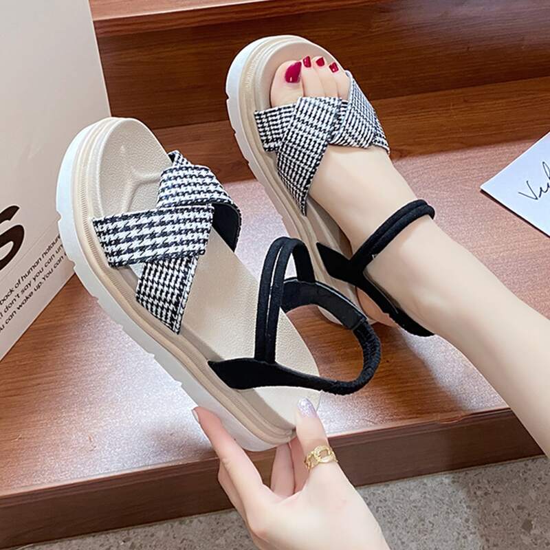 

Houndstooth Ankle Strap Sandals, Black