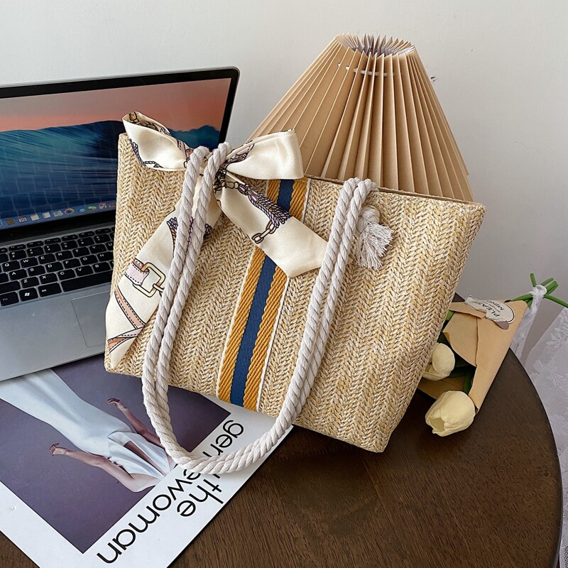 

Striped Straw Tote Bag, Khaki