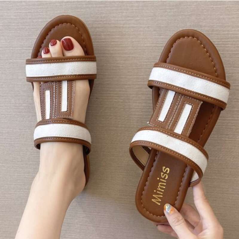 

Contrast Binding Flat Slide Sandals, Brown