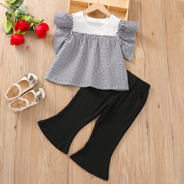 

Toddler Girls Gingham Ruffle Blouse & Flare Leg Pants, Black and white