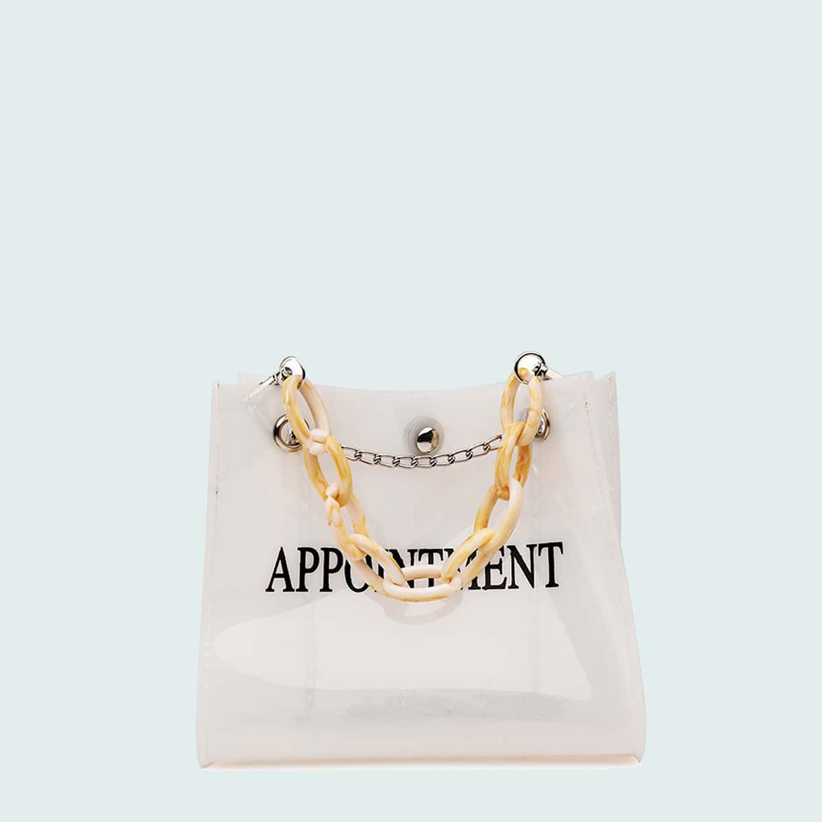 

Letter Graphic Clear Satchel Bag, Beige
