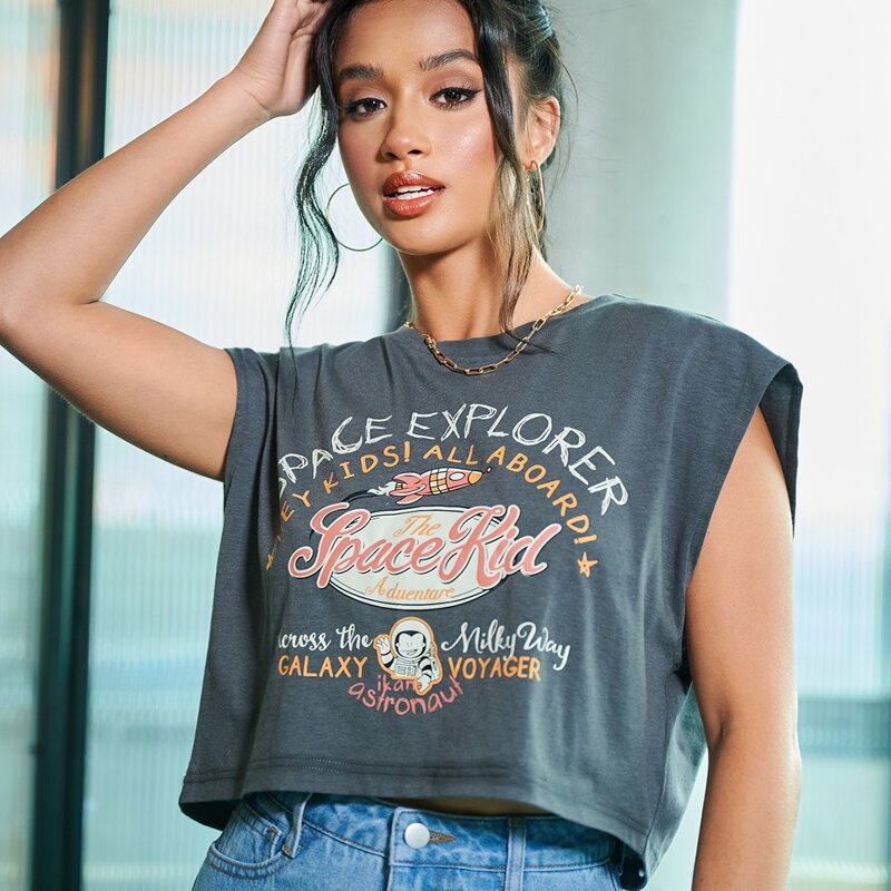 

Mixed Print Cap Sleeve Tee, Dark grey