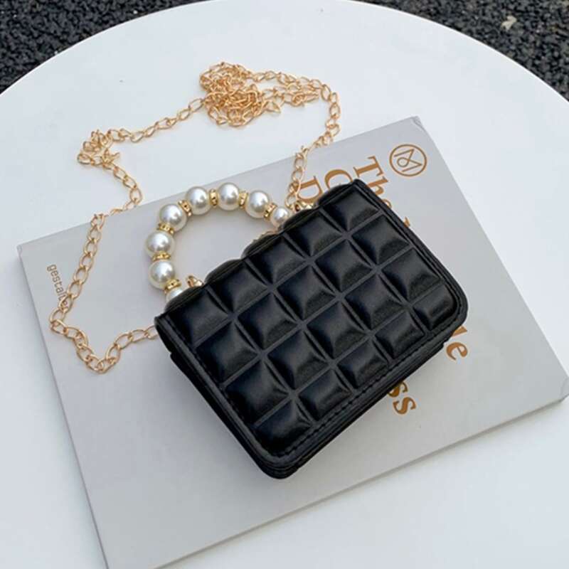 

Faux Pearl Handle Quilted Satchel Bag, Black