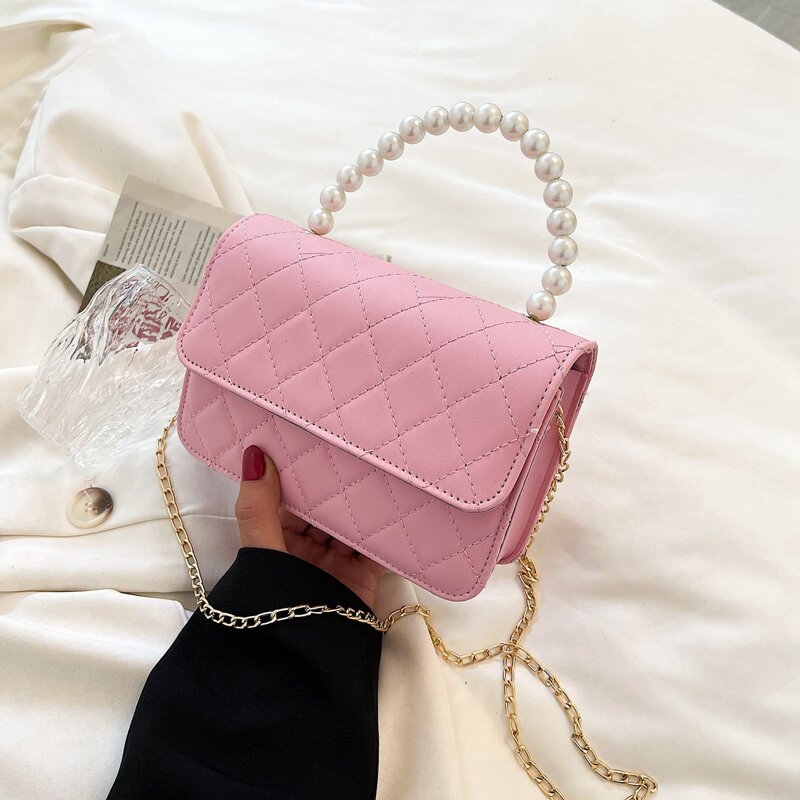 

Faux Pearl Handle Quilted Satchel Bag, Baby pink