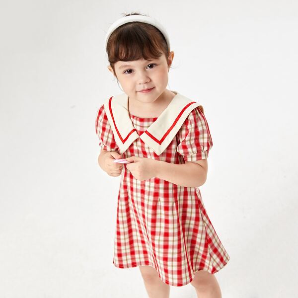 

Toddler Girls Plaid Sailor Collar A-line Dress, Multicolor