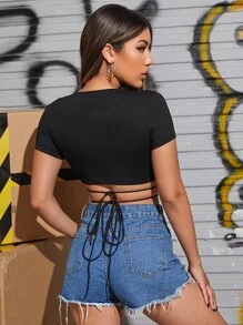 SHEIN 十字前交叉綁結後短版上衣 - 黑色 - 查看 2
