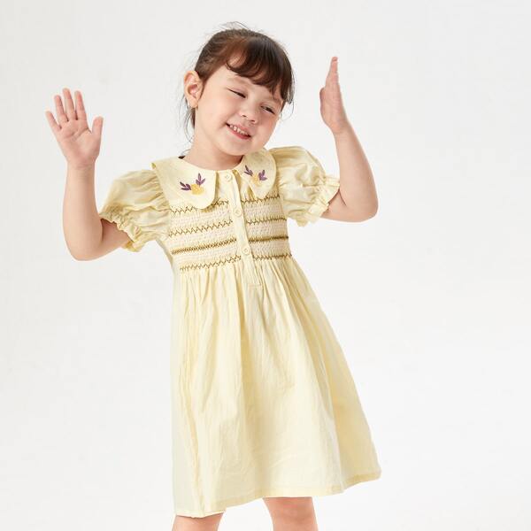 

Toddler Girls Embroidery Peter Pan Collar Shirred Shirt Dress, Beige