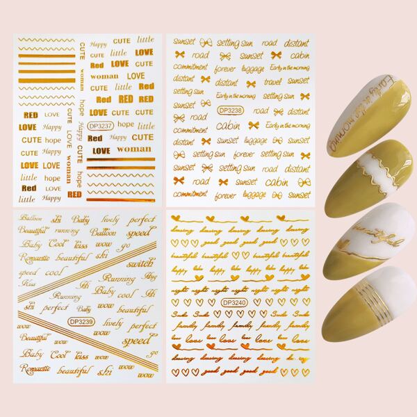 

4sheets Letter Graphic Bronzing Nail Sticker, Gold