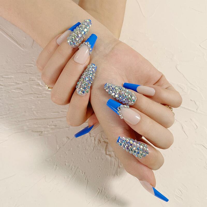 

24pcs Rhinestone Decor False Nail & 1sheet Tape & 1pc Nail File, Blue