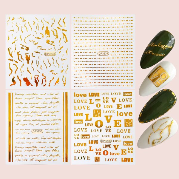 

4sheets Letter Graphic Bronzing Nail Sticker, Gold