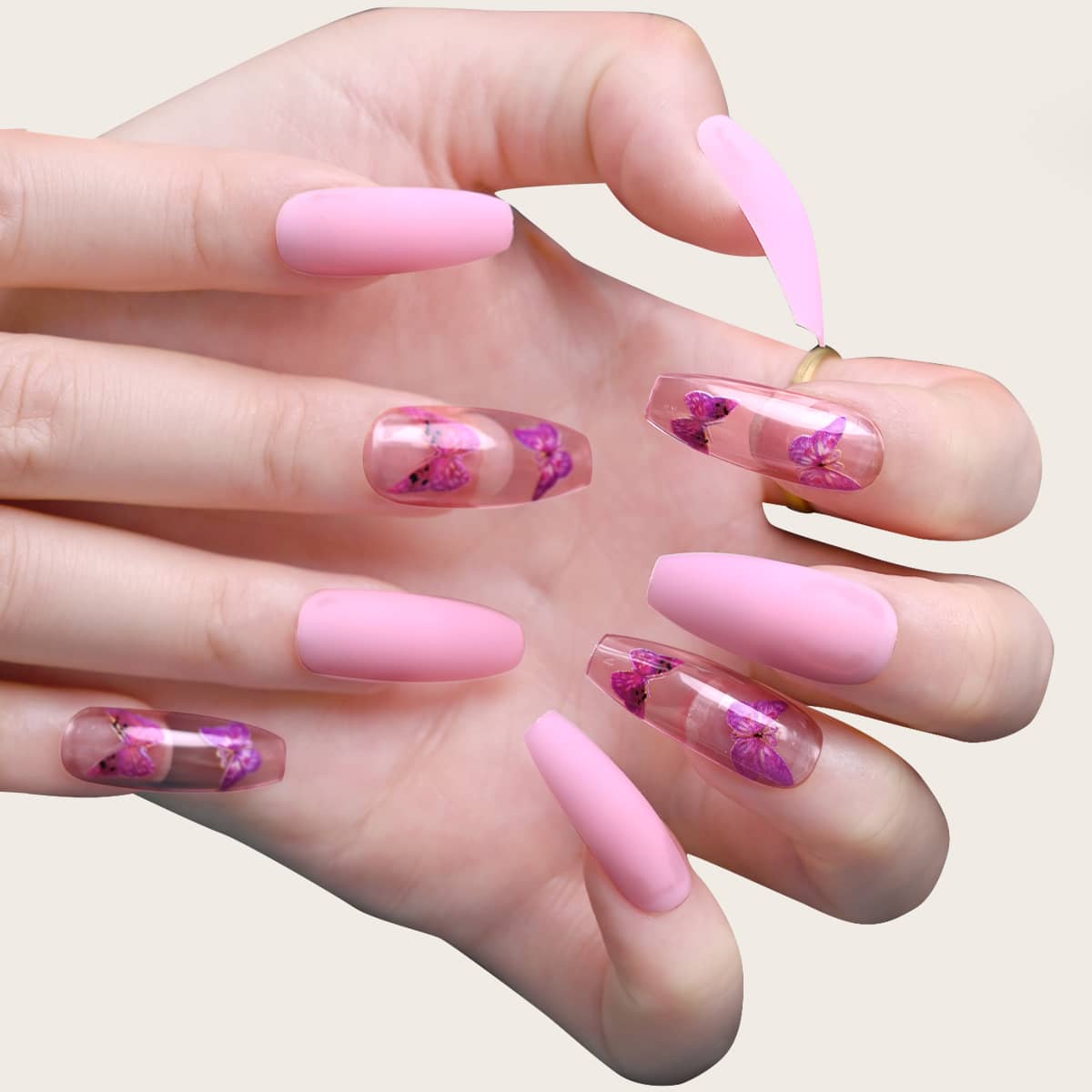 

24pcs Butterfly Clear False Nail & 1sheet Tape & 1pc Nail File, Pink