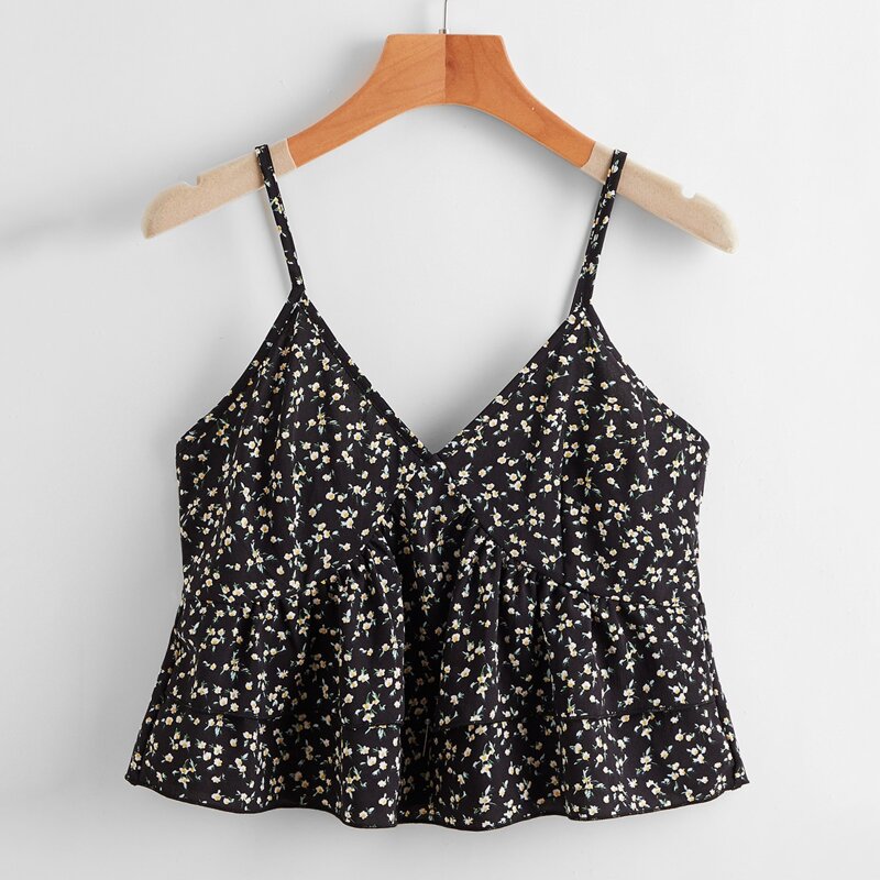 

Ditsy Floral Shirred Crop Cami, Black