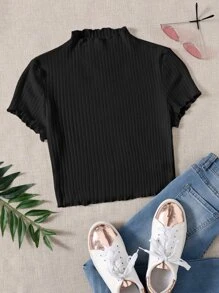 SHEIN EZwear Plus Mock Neck Lettuce Trim Rib-knit Tee - Black - View 1
