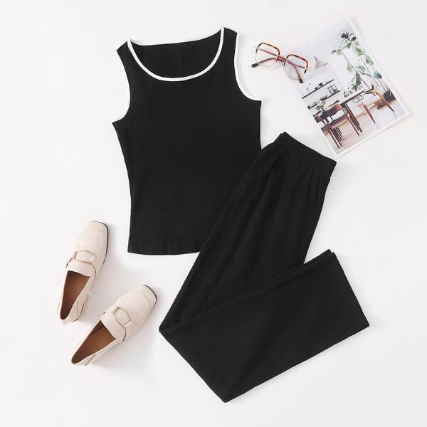 

Contrast Binding Tank Top With Sweatpants, Black