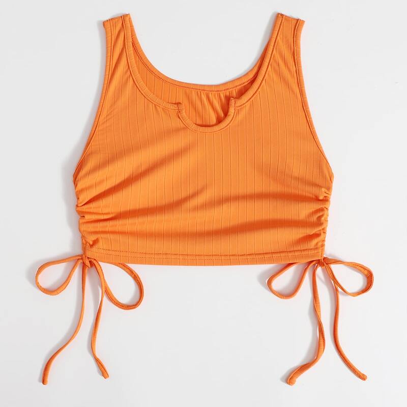 

Solid Drawstring Ribbed Tank Top, Orange
