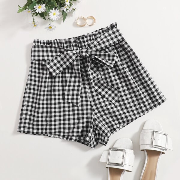 

Plus Paperbag Waist Buffalo Plaid Shorts, Black and white