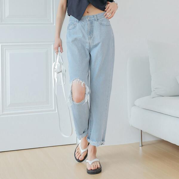 

Ripped Straight Leg Washed Jeans, Light wash