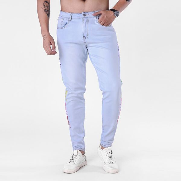 

Men Embroidery Side Jeans, Light wash