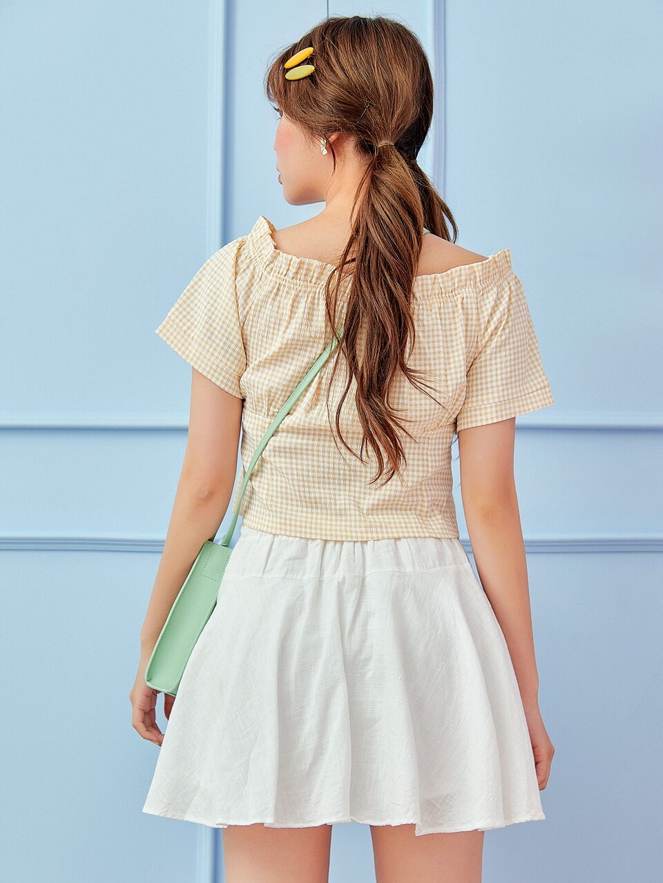 Off-shoulder Gingham Ruffle Blouse