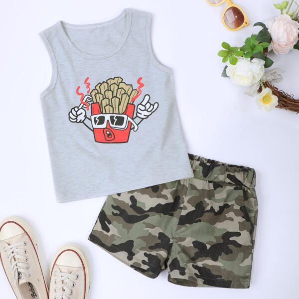 

Toddler Boys Cartoon Graphic Tank Top & Camo Shorts, Multicolor