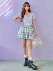 DAZY Falda bajo con fruncido de cuadros - Multicolor - Ver 8