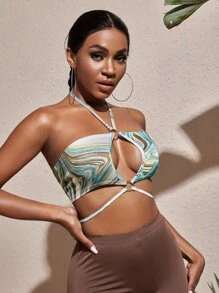 SHEIN SXY O形環挖空前後繫帶繞頸上衣 - 彩色 - 查看 3