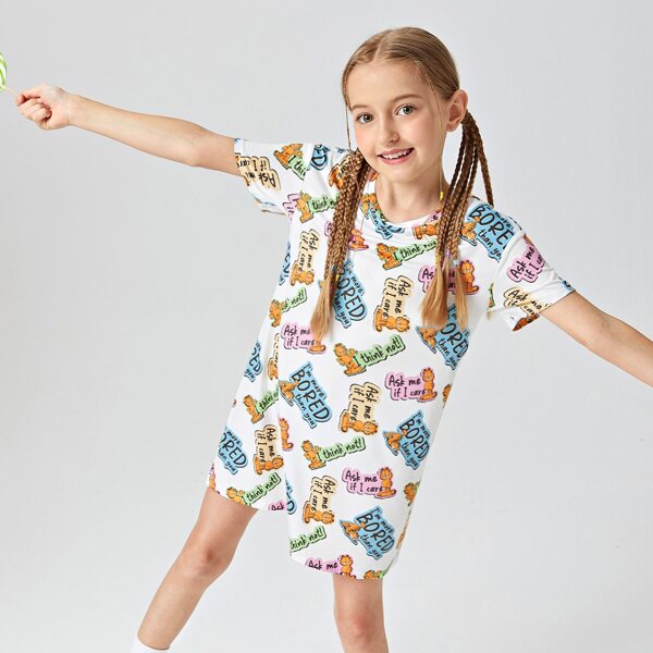 

Girls Cartoon & Slogan Graphic Tee Dress, Multicolor