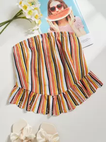 Plus Ruffle Hem Striped Tube Top - Multicolor - View 1