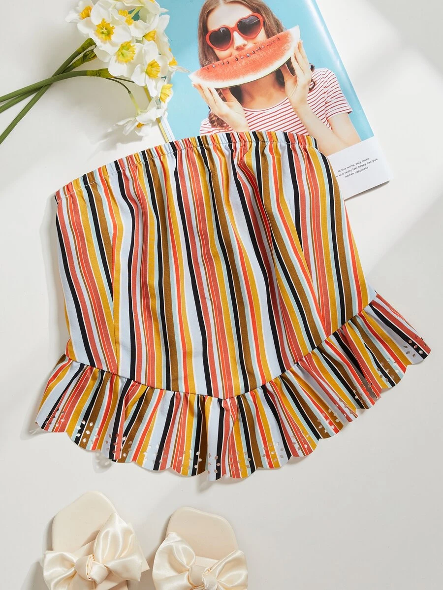 Plus Ruffle Hem Striped Tube Top - Multicolor - View 1