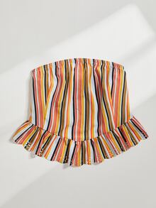 Plus Ruffle Hem Striped Tube Top - Multicolor - View 4