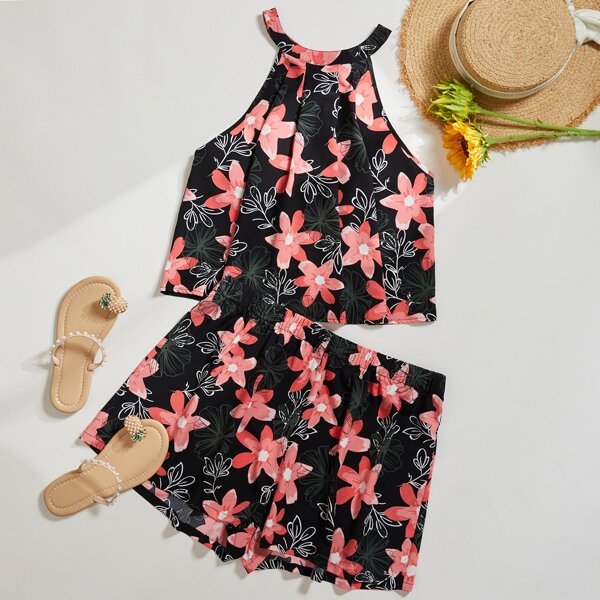 

Plus Floral Print Halter Top & Shorts, Multicolor
