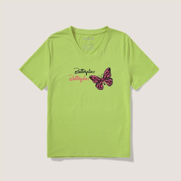 

Butterfly & Letter Graphic Tee, Lime green