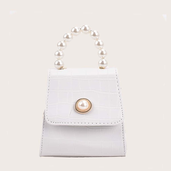 

Mini Faux Pearl Decor Croc Embossed Satchel Bag, White