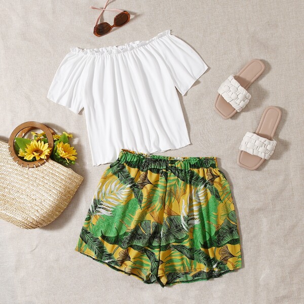 

Plus Frill Top With Tropical Shorts, Multicolor