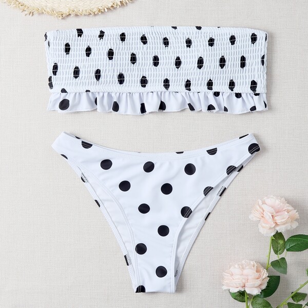 

Polka Dot Ruffle Smocked Bikini Swimsuit, Black and white
