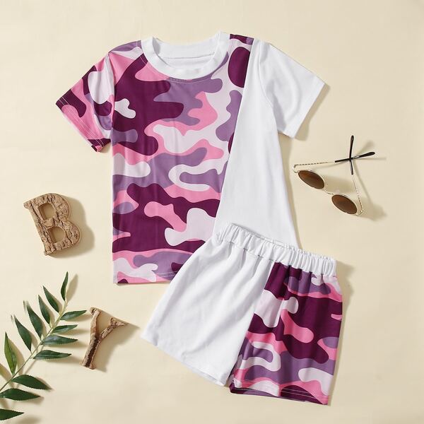 

Toddler Girls Camo Spliced Tee With Track Shorts, Multicolor