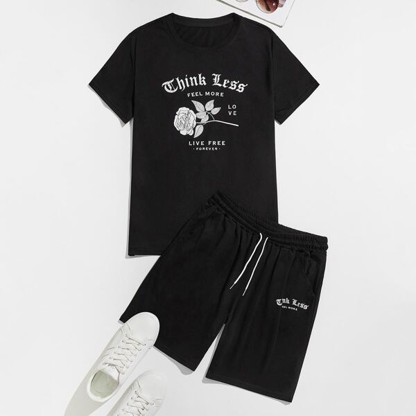 

Men Floral & Slogan Graphic Tee & Track Shorts, Black