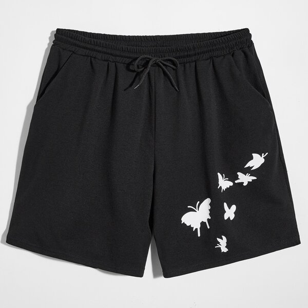 

Men Butterfly Drawstring Waist Shorts, Black