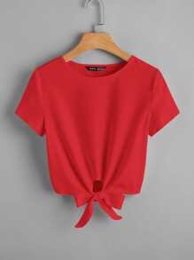 SHEIN Essnce Áo thun Thắt nút màu trơn Giải trí - Đỏ - Xem 1