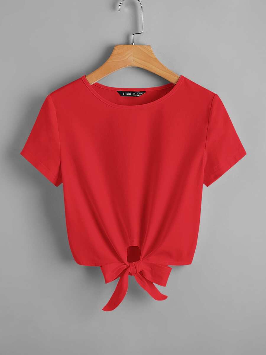 SHEIN Essnce Áo thun Thắt nút màu trơn Giải trí - Đỏ - Xem 1