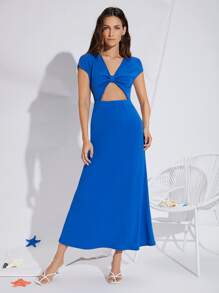 SHEIN Đầm Cắt ra màu trơn Thanh lịch - Màu xanh lam - Xem 1