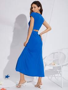 SHEIN Đầm Cắt ra màu trơn Thanh lịch - Màu xanh lam - Xem 2