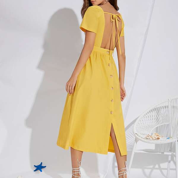 

Tie Backless Button Front Dress, Yellow