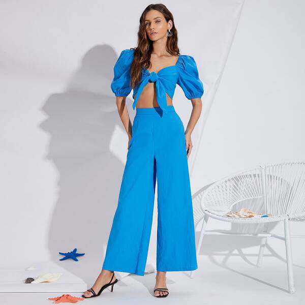 

Sweetheart Neck Puff Sleeve Milkmaid Top & Pants Set, Blue