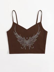 SHEIN EZwear Áo hai dây Pha lê kim cương Tim Giải trí - Cà phê nâu - Xem 3