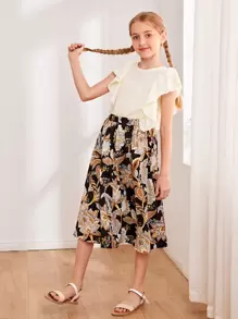 SHEIN Conjunto De Blusa Para Niñas Con Adorno De Volantes Y Falda Floral - Multicolor - Ver 1