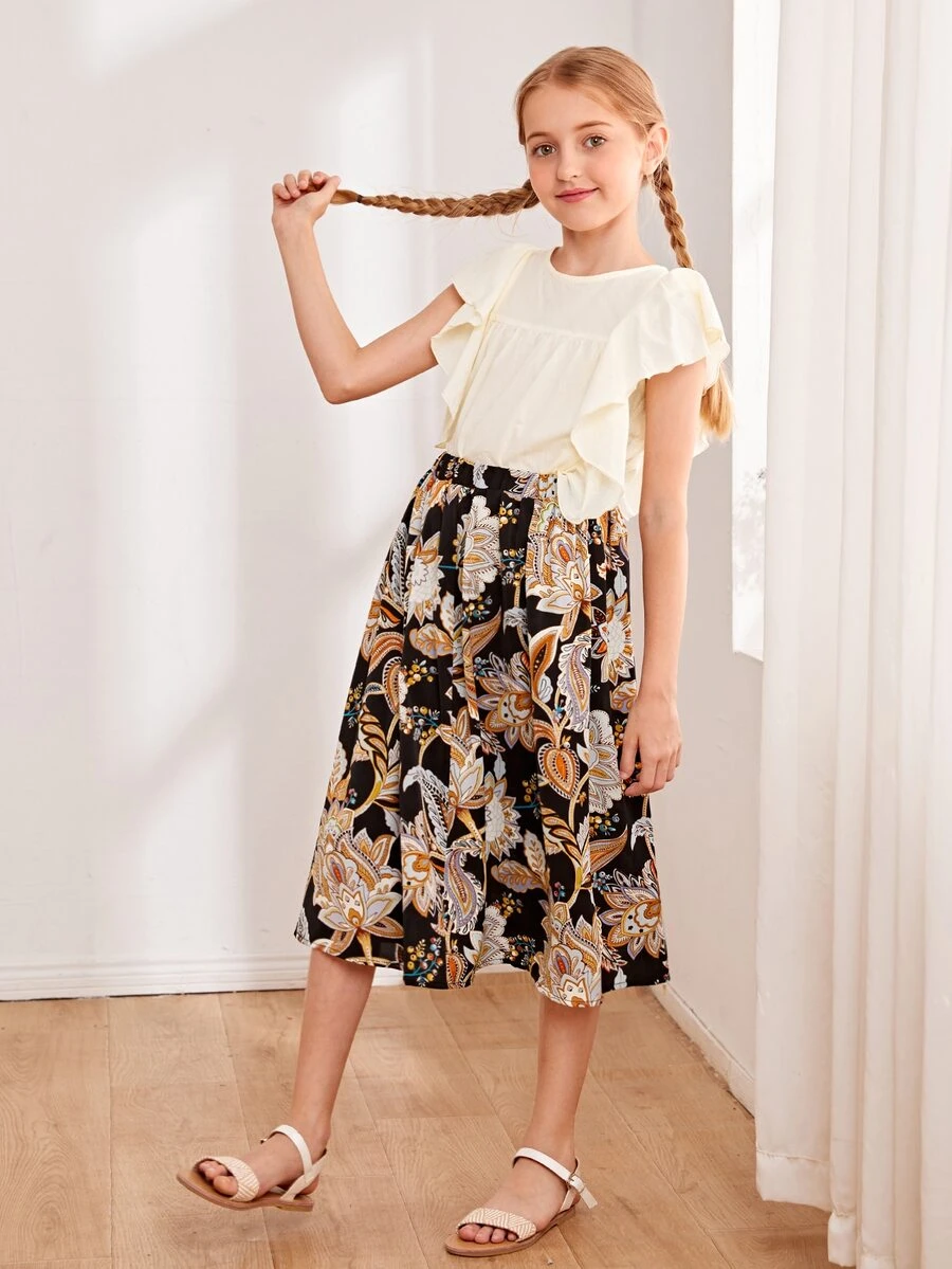 SHEIN Conjunto De Blusa Para Niñas Con Adorno De Volantes Y Falda Floral - Multicolor - Ver 1