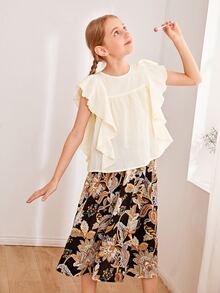 SHEIN Conjunto De Blusa Para Niñas Con Adorno De Volantes Y Falda Floral - Multicolor - Ver 3