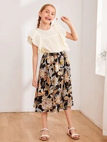 SHEIN Conjunto De Blusa Para Niñas Con Adorno De Volantes Y Falda Floral - Multicolor - Ver 4