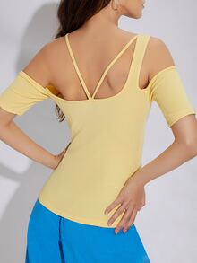 SHEIN Cold Shoulder Solid Tee - Yellow - View 2